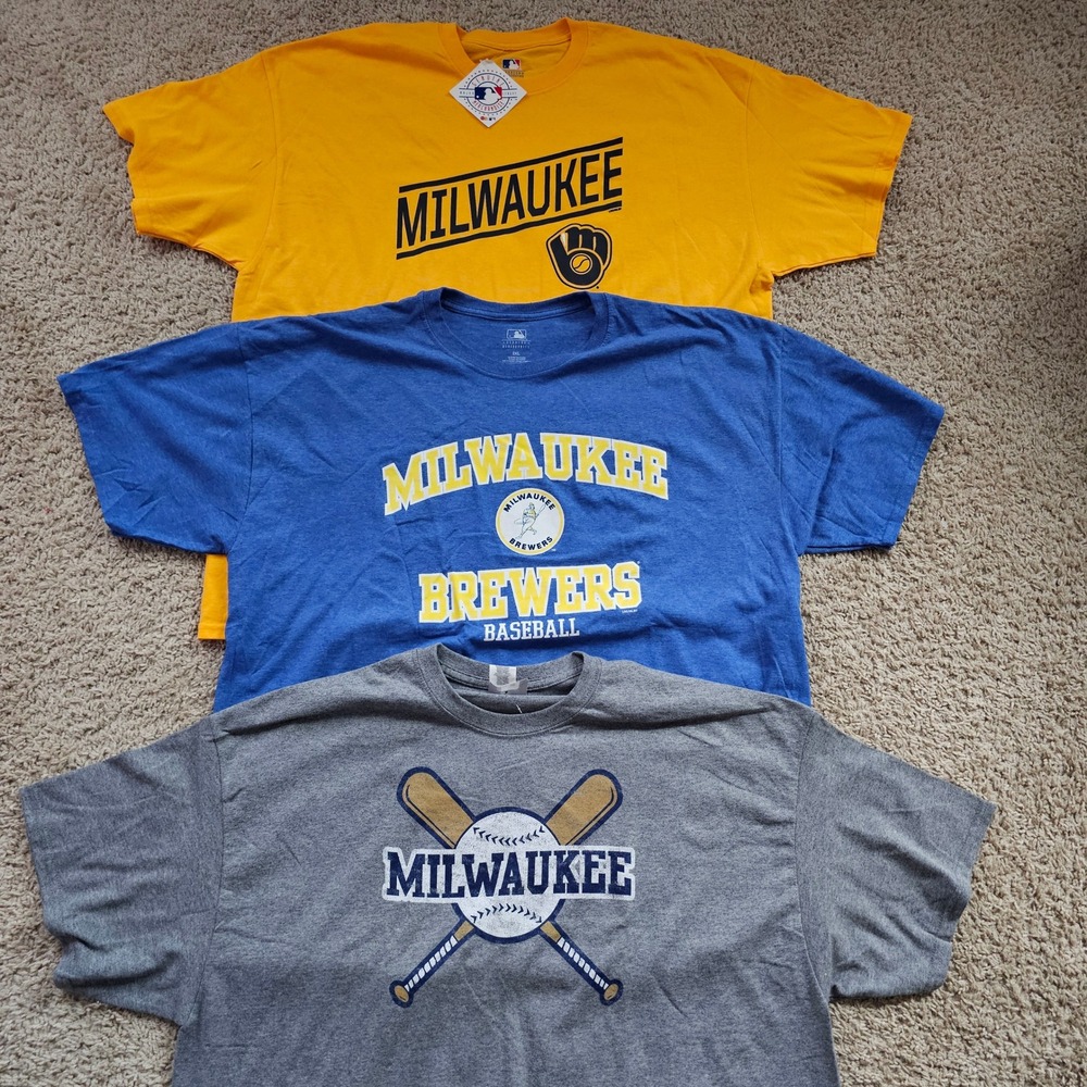 Lot of 3 Milwaukee Brewers MLB Graphic T-Shirts Mens 2XL Gold Blue Gray Baseball